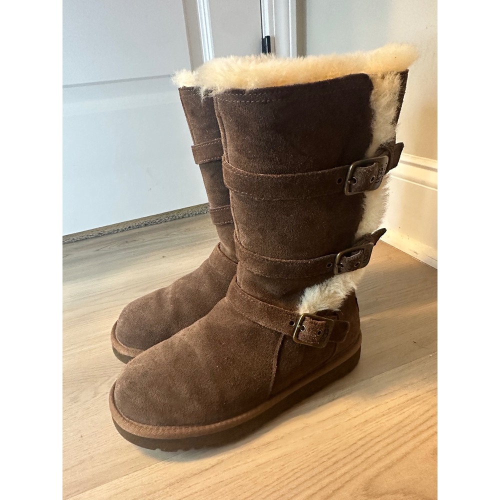 UGG Maddi Boots youth Brown Suede Sherpa Lined Zip Up Size 3
